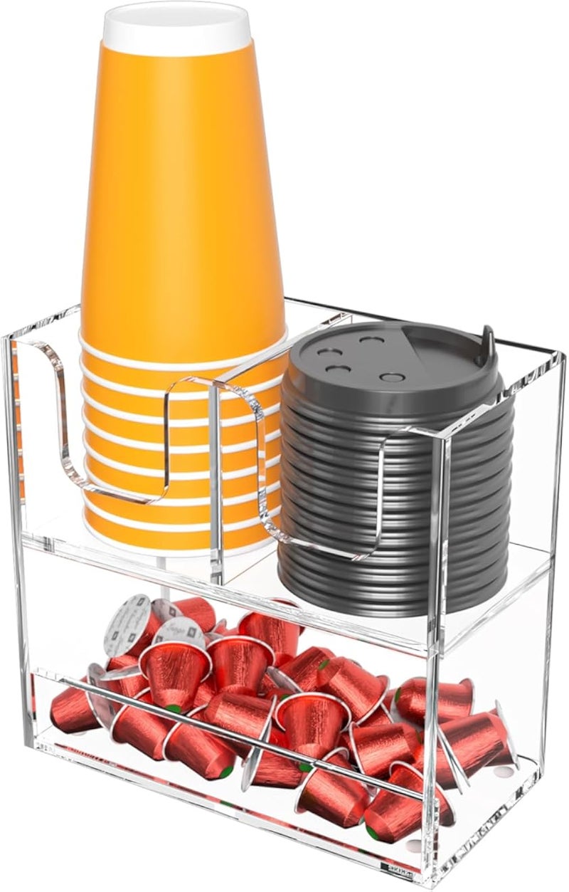 BEST MEDIA 3-Compartment 2-Tier Acrylic Cup Dispenser, Anti-Slip Coffee Station Organizer for Countertop Breakroom Bar, Paper Cup Lids & Condiment Storage Holder, Clear